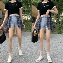 Summer 2020 new wild retro contrast color grid stitching design sense high waist was thin jeans shorts female tide Summer 2020 new wild retro contrast color grid stitching design sense high waist was thin jeans shorts female tide