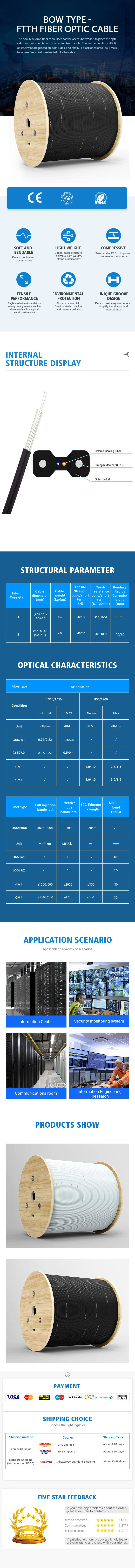 Butterfly Fiber Optic Drop Cable 1000m/Roll 2Core Single Mode Indoor G657A1 LSZH Sheath 2FRP Reinforcement Optic FTTH Drop Cable dual band