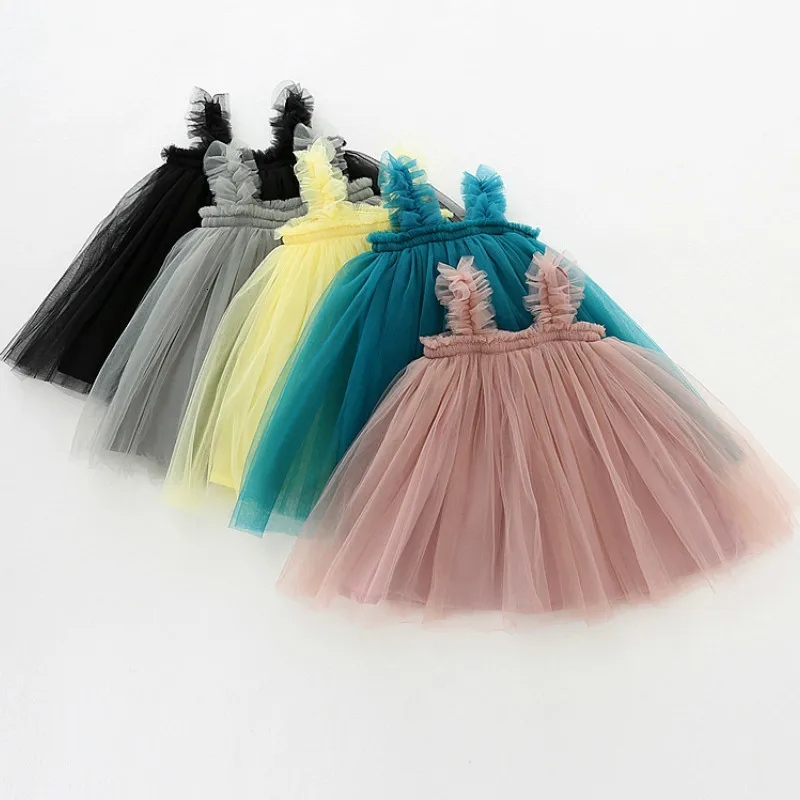 Платье для малышей без рукавов; коллекция года; летняя одежда для девочек; платье принцессы; газовые Вечерние платья на бретельках; милая одежда для маленьких девочек