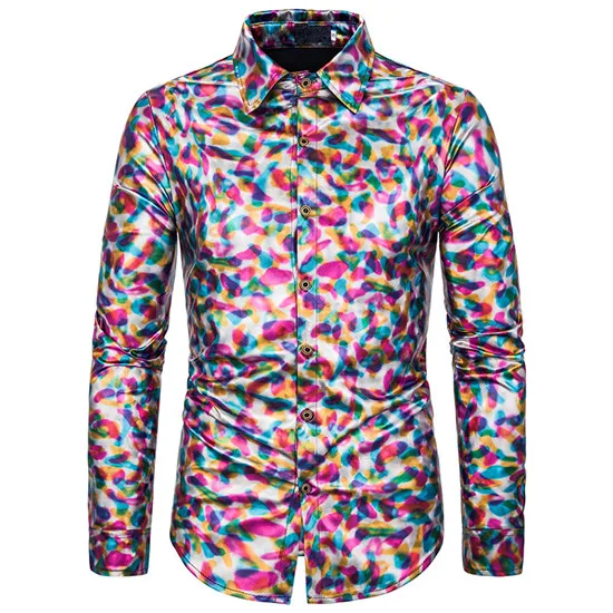 colorful Мужской ночной клуб Блестящий Золотой клетчатый костюм по фигуре кнопка вниз платье рубашка модные мужские рубашки с длинными рукавами вечерние свадебные выпускные рубашки - Цвет: colorful