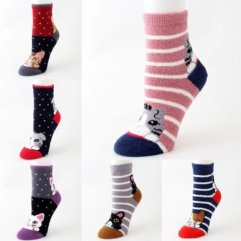 6 пар, женские зимние толстые теплые пушистые носки-тапочки, милые Мультяшные Носки с рисунком кота, с полосками, коралловые бархатные теплые чулочно-носочные изделия