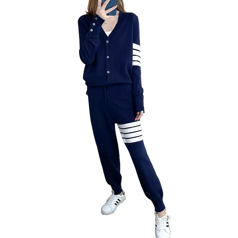 TB suit women's V-neck stripe knitted color matching sweater cardigan coat casual age reducing Harlem Leggings two piece set