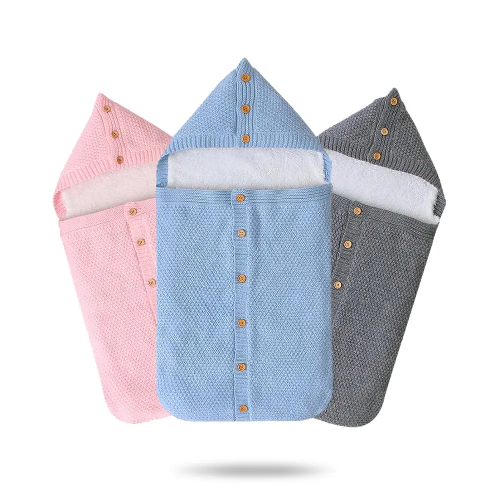 

Baby Sleeping Bags Winter Fleece Newborns Bebes Swaddle Wrap Sleepsacks 0-6M Button Knitted Infant Kids Stroller Envelopes Solid