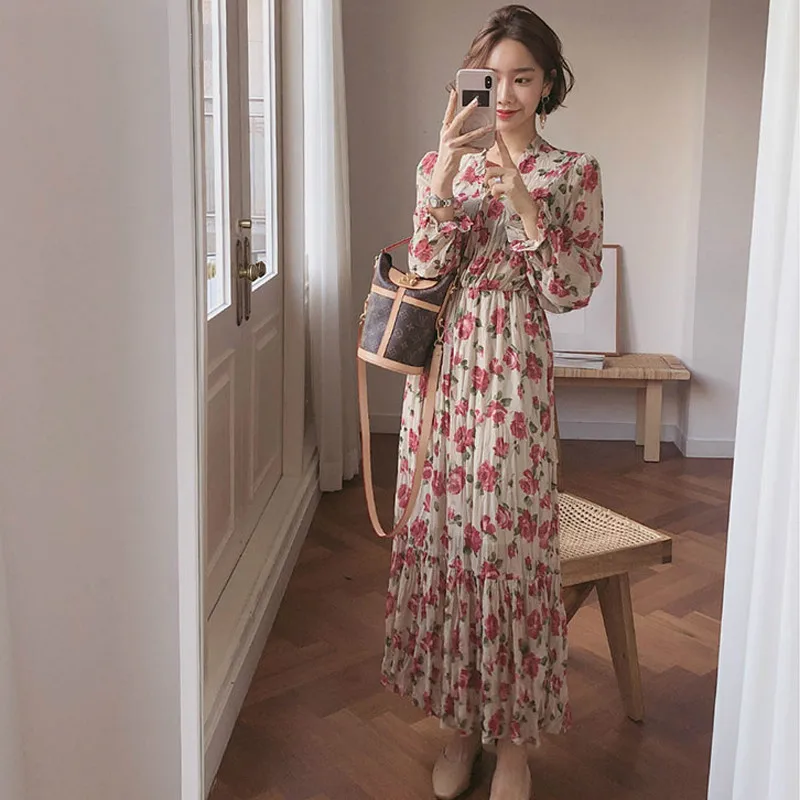 Tonglord 2020 Women Chiffon Dress V-neck Floral Print A-line Ruffles Female Party Dress Vintage Flare Sleeve Long Vestidos Femme