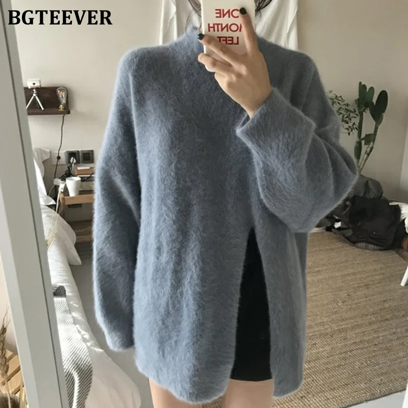 BGTEEVER 2019 мохер с разрезом по бокам Женский пуловер свитер свободный длинный рукав