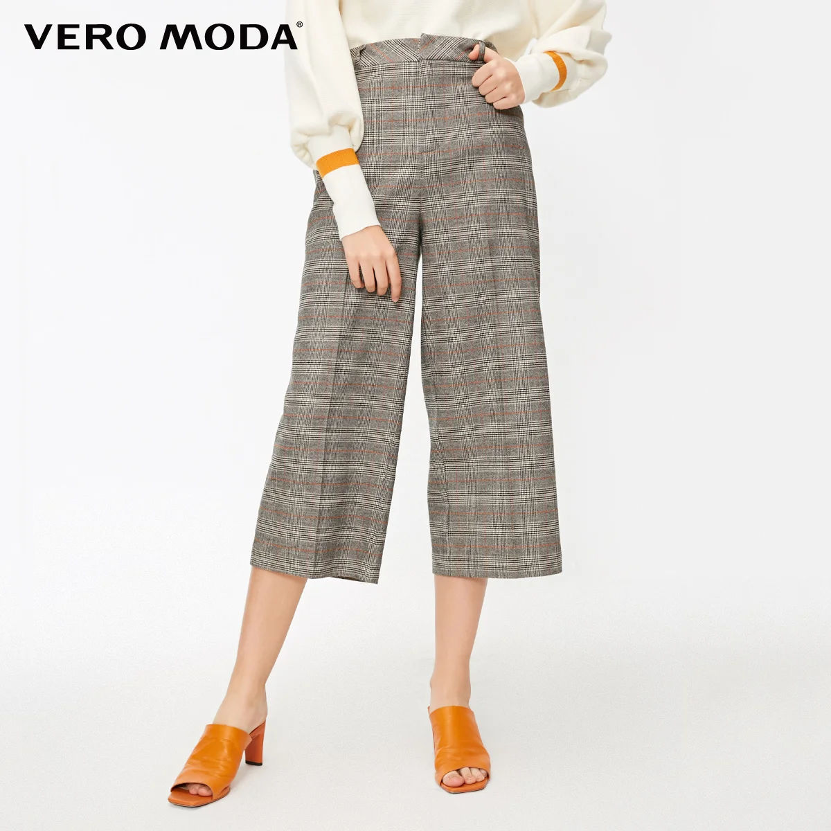 Vero Moda Женские OL стиль высокой талией плед молнии широкие брюки Капри | 31916J507 - Цвет: Granit mel.