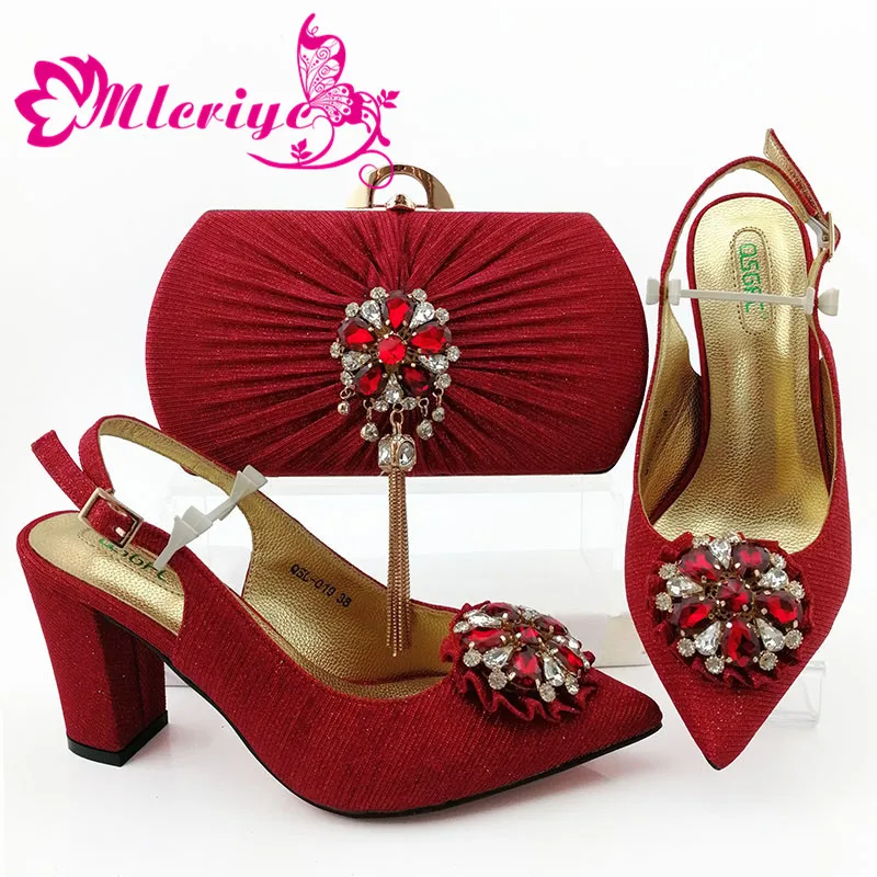 

Latest Design Red African Italian Shoes and Bag Set Decorated with Rhinestone Italy Shoes and Bag Sets Shoes for Summer Women