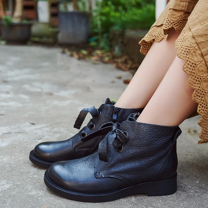 Cearymade/Новинка; ботильоны из натуральной кожи в студенческом стиле; обувь в британском стиле с кожаным ремешком на низком каблуке; простая обувь на молнии сбоку - Цвет: Black