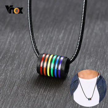 

Vnox Men Rainbow Round Charm Pendant Necklaces for Women with Free Black Leather Rope Chain