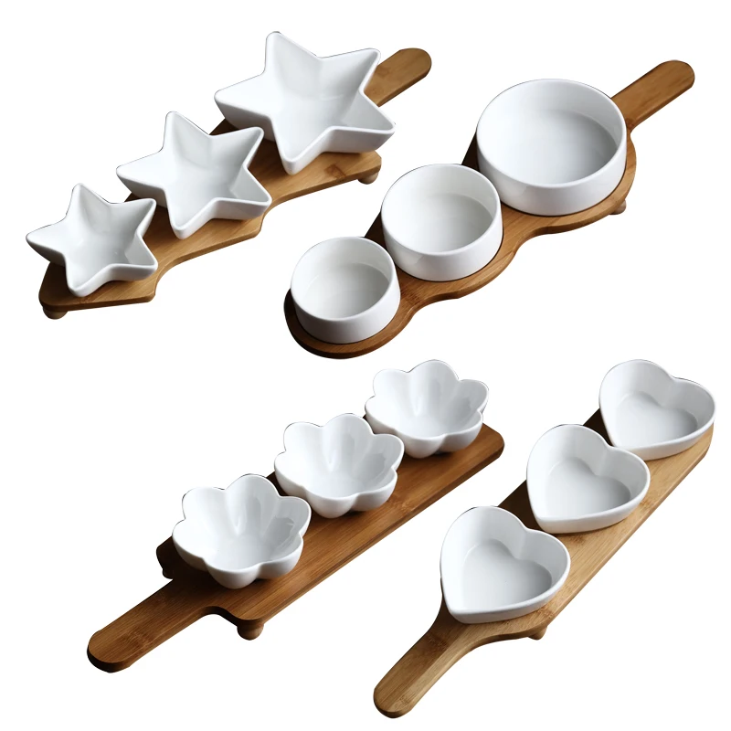 Белая керамическая тарелка для фруктов, бамбуковый деревянный поднос, креативная посуда в форме сердца, Салатница, сухофрукты, тарелка для закуски, блюдо для соуса