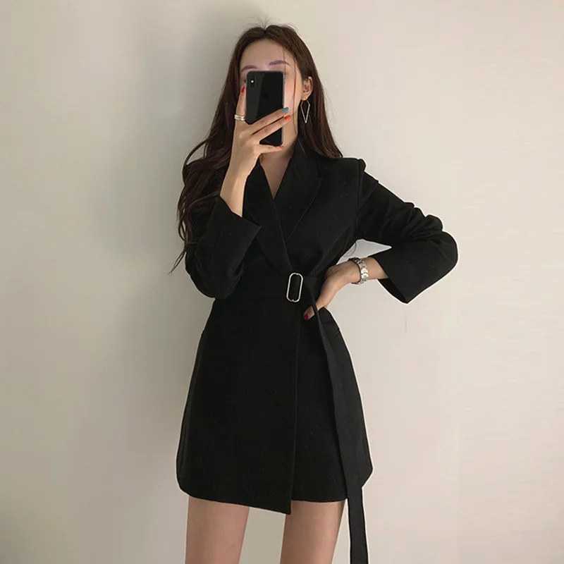 Women Blazers 2019 Korean Women'S Blazer Long Suit Jacket Black Blazer With Belt Female Long Sleeve Womens Suit 2019 DD2369
