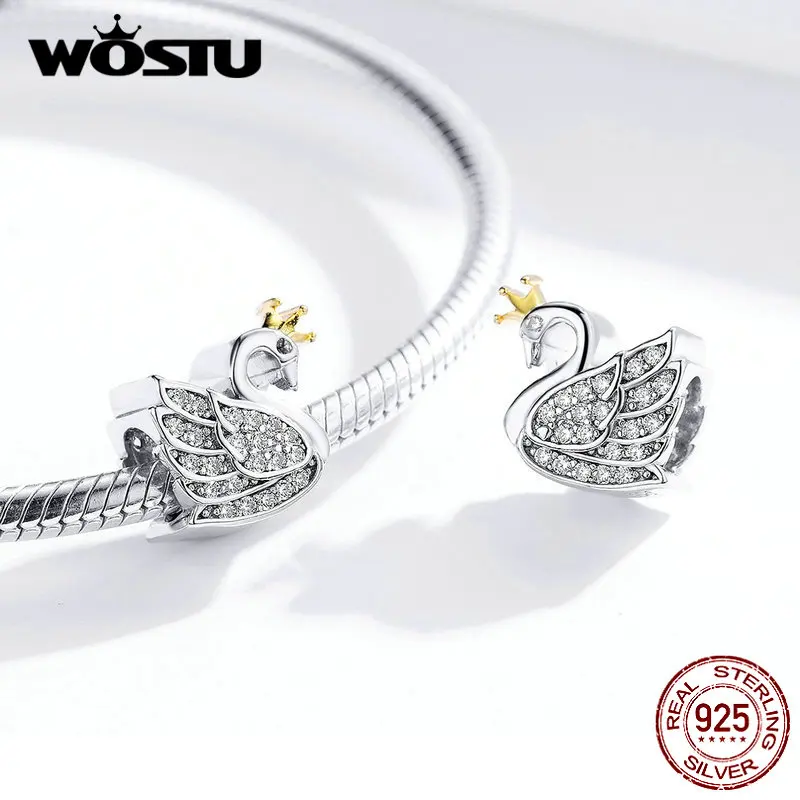 WOSTU Настоящее 925 пробы серебро принцесса лебедь циркониевые амулеты подходят браслет кулон DIY ожерелье Роскошные ювелирные изделия DXC1343