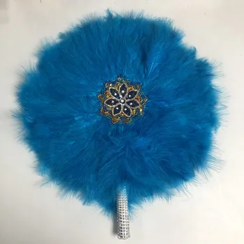 

3pcs African blue Turkey Feather Hand Fan Handmade Fans for Wedding Decoration Beaded Hand Fan Double-sided Feather Fan-30