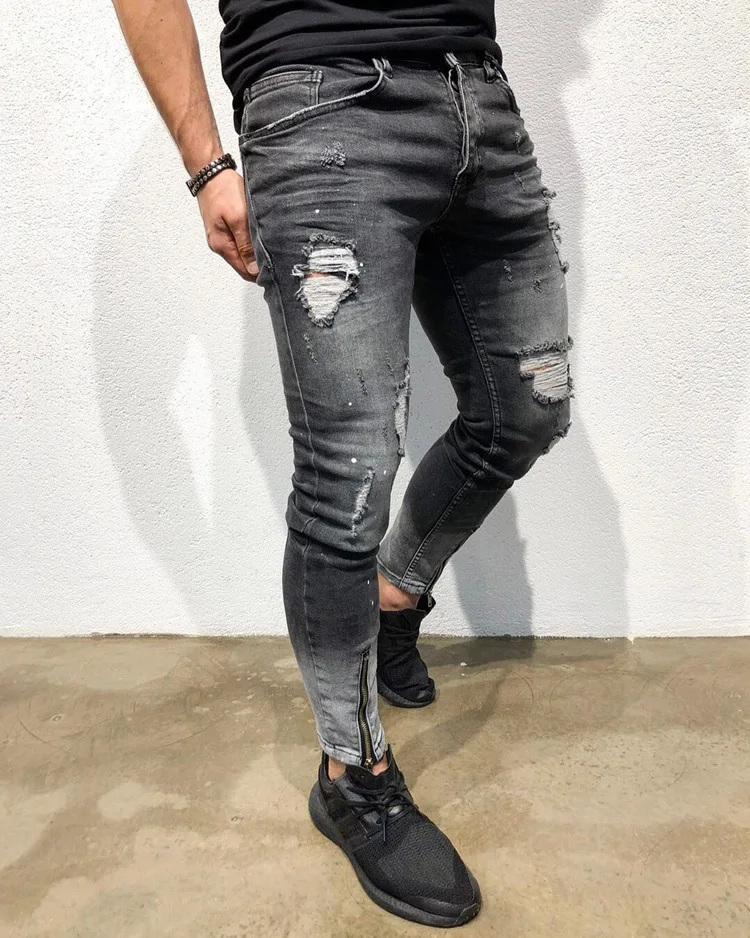 Новые обтягивающие мужские джинсы Уличная рваные Брюки Homme хип хоп сломанный мужской карандаш Байкер вышивка патч брюки