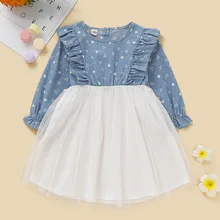 Модное джинсовое Сетчатое платье с длинными рукавами для девочек; сезон осень-зима; коллекция года; европейский и американский стиль