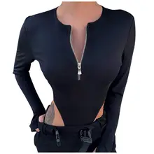 Skinny Women Bodysuits Sexy Fashion Skinny Solid Long Sleeves O-Neck Zipper Casual Jumpsuit Spring Rompers Bodis de Mujer 2020 Y