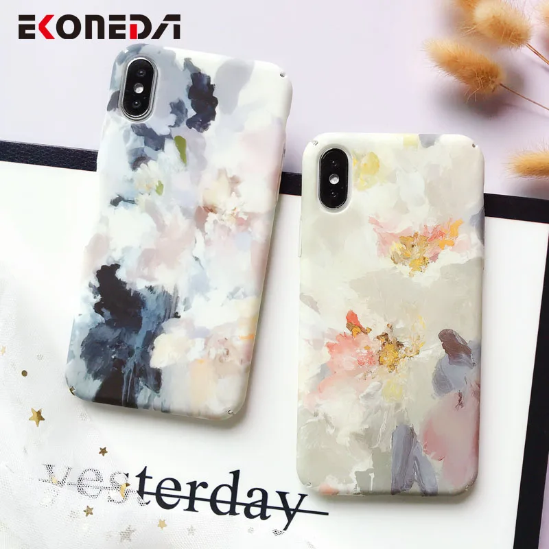 

EKONEDA Matte Case For iPhone 7 6 6S 8 Case Ink Flower Funda For iPhone X XR XS Max Case 7 Plus Back Cover