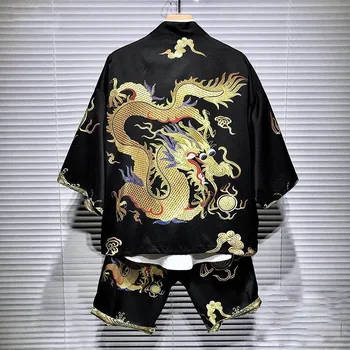 

NiceMix Oversized HipHop Streetwear Japanese Men Kimono Blouse shorts set Harajuku Loose Cardigans Top Shirt Dragon Print Punk