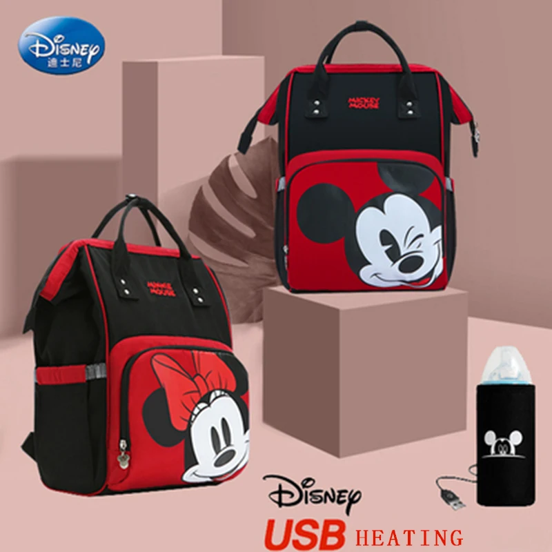 Disney sac à langer maman bébé étanche chauffage USB Micky dessin animé sac à dos sac de voyage femmes enceintes sac à dos grande capacité