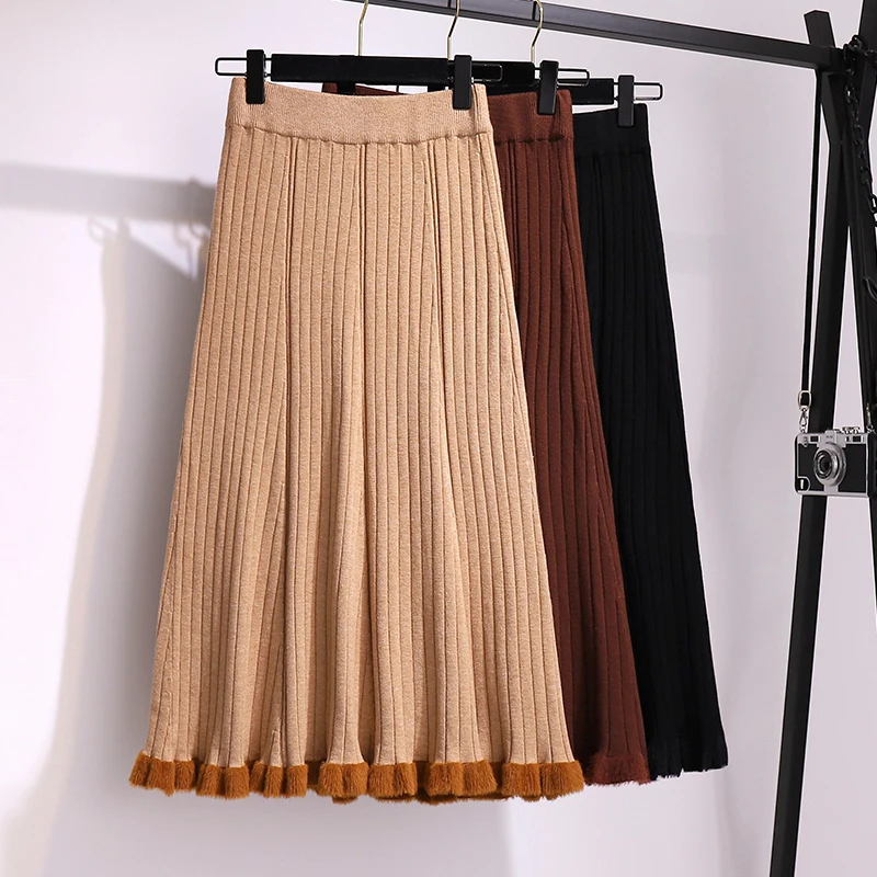 Женские офисные юбки-карандаш размера плюс, Осень-зима, вязаные шерстяные плиссированные юбки с высокой талией для женщин K0484