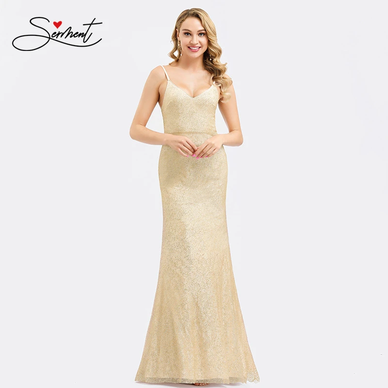 New Elegant Woman Evening Gown Sling Gold Glitter Sequined Slim Mermaid Dress Suitable for Formal Parties | Свадьбы и торжества