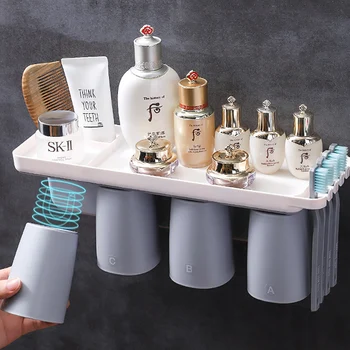 

Magnetic Adsorption Inverted Toothbrush Holder with Cup Wall Mount Makeup Toothpaste Bathroom Storage Bathroom Accessories Set