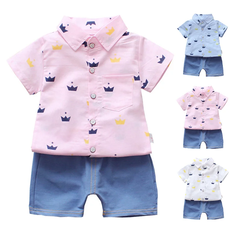 

Summer Baby Boys Crown Print Pattern Tops Blouse Shirt+Denim Shorts Set Casual Short Sleeve Outfits Sets