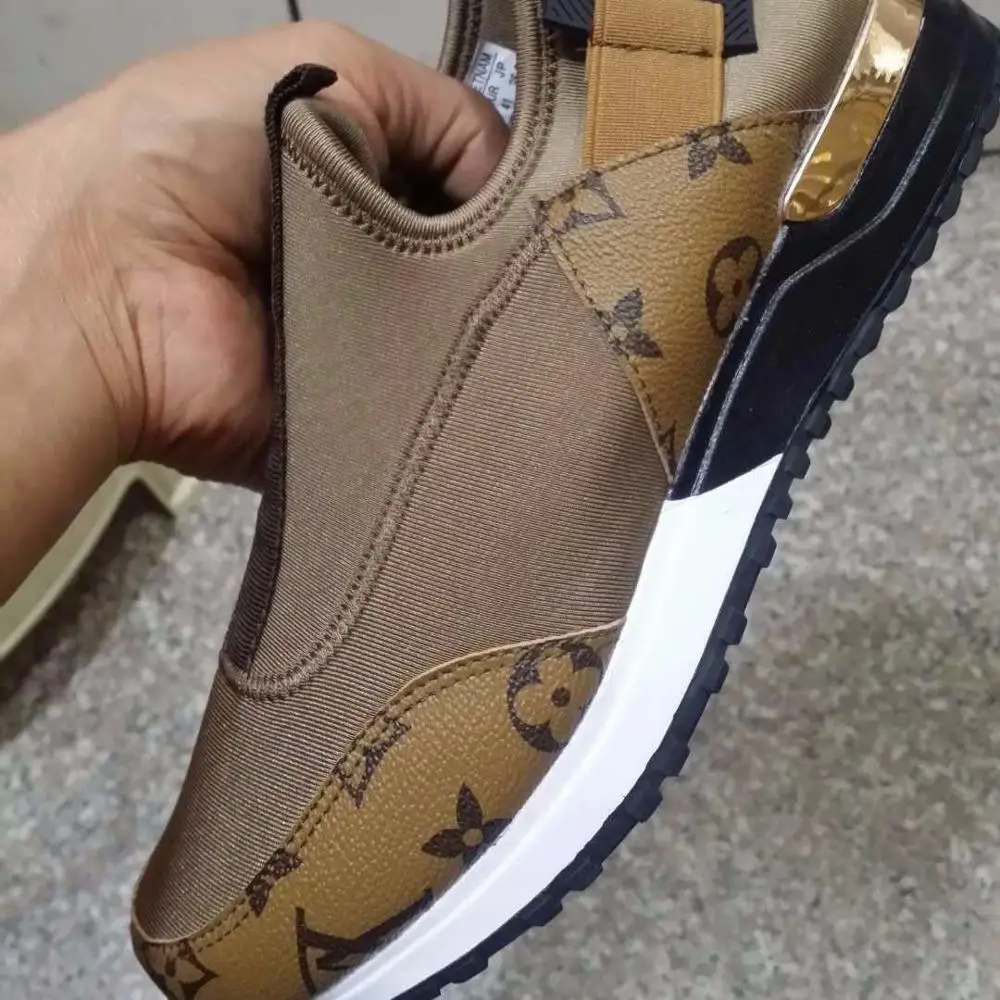 

2019 Spring Autumn Women Casual Shoes Plus Size 40 41 Brown Leather Stretch Fabric Slip On Ladies Loafer Black White Sneakers