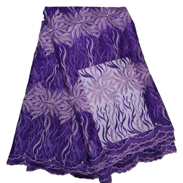 purple Последние африканские кружевные ткани смешанные цвета французский нигерийский Тюль кружевная ткань с бисером для свадебных платьев 5 ярдов - Цвет: purple