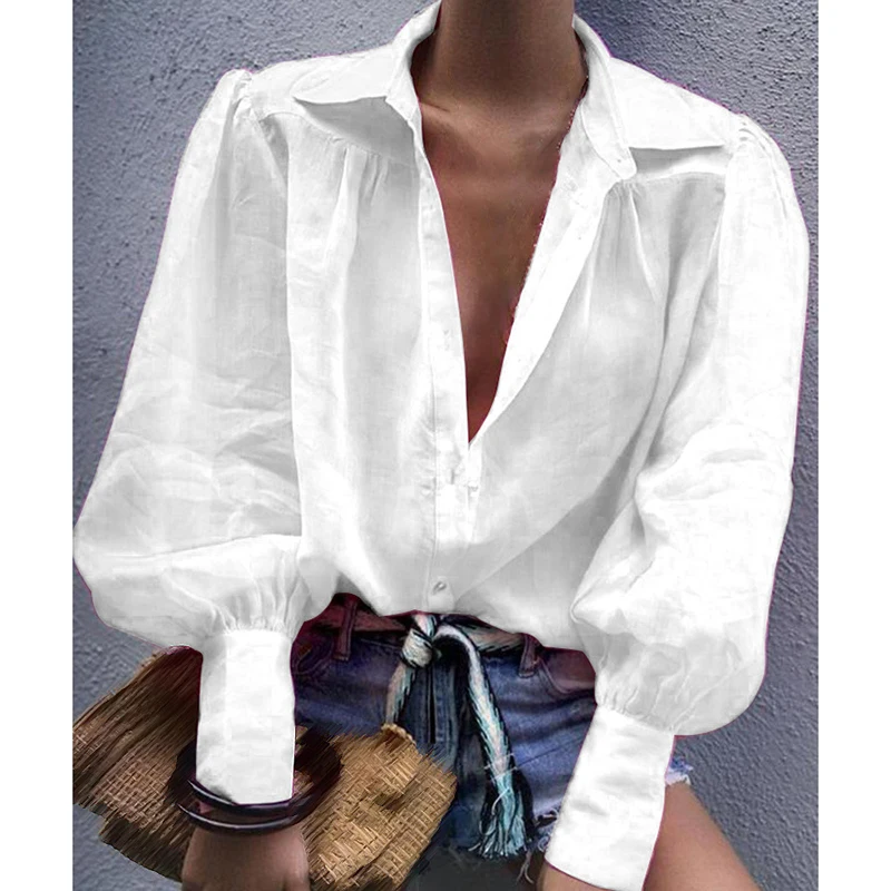 

Women Tops Blouse Lapel Long Puff Sleeve Solid Color Button Down Casual Loose