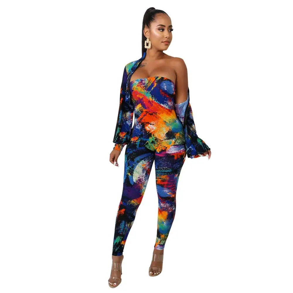 

Casual Print 2 Piece Set Women Tracksuit Autumn Winter Outfit Bodycon Jumpsuit Top Two Piece Long Pants Set Sport Suit Women Set