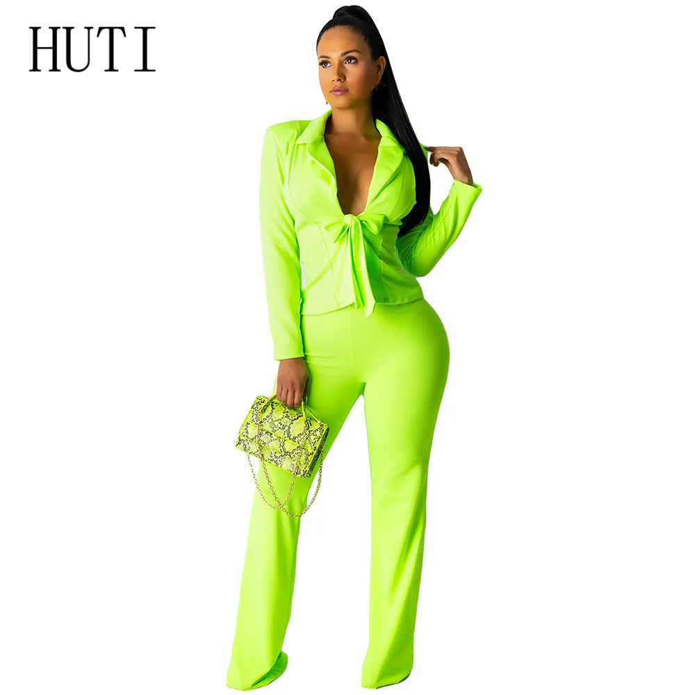 

HUTI High Quality Fashion Bodycon Trousers Long Sleeve Suit Jacket with Trouser Two Pieces Set Female Jumpsuits Formal Clothing
