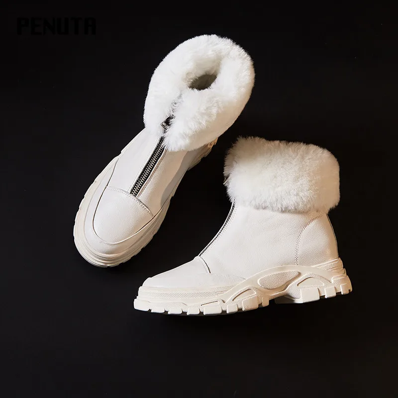 PENUTA/черные ботинки; женская обувь из натуральной кожи на платформе; женские зимние ботинки на меху; зимние ботинки на молнии; Европейский Повседневный стиль