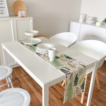 

DUNXDECO Table Runner Long Table Cover Fabric Dinner Party Tabelcloth Modern Nordic Green Leaf Fresh Linen Cotton Blend Textile
