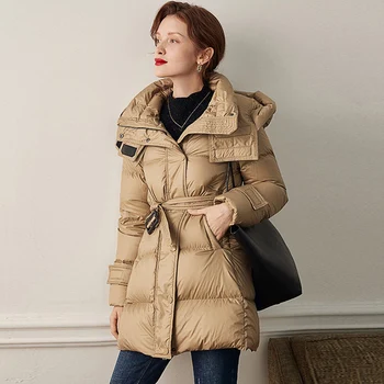 

2020 New Winter High Quality Down Jacket Hooded 90% White Duck Down Coat Slim Female Thicken Warm Down Parka With Belt Outwear
