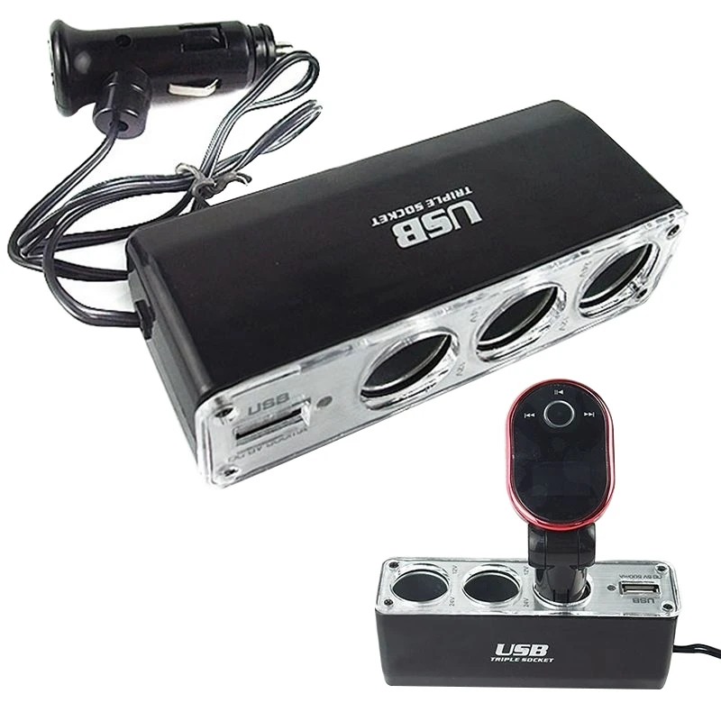 

3 Way Multi Socket Auto Car Cigarette Lighter Socket Splitter USB Charger Adapter DC 12V/24V Output Triple Adapter With USB Port
