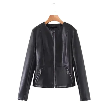 

women chic PU leather jacket zipper fly pockets long sleeve pockets coats female outwear basic fashion tops