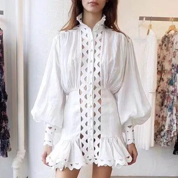 

2019 Spring Summer New korea Fashion Stand Neck Hollow Ruffle Edge Lantern Sleeve Slim Dress Plus Size Women Sexy Elegant Dress