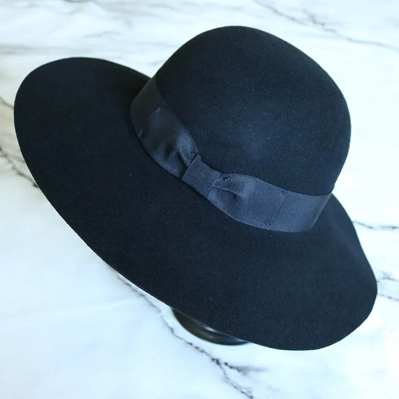Классические шерстяные шапки зимняя черная шляпа Bowkont широкие свисающие поля шляпа фетровая винтажная котелок платье Шляпа Дерби церковные шляпы