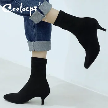 

Coolcept Women Flock High Heel Boots Pointed Toe Slip On Mid Calf Boots Winter Stretch Boots Shoes Women Footwear Size 33-43