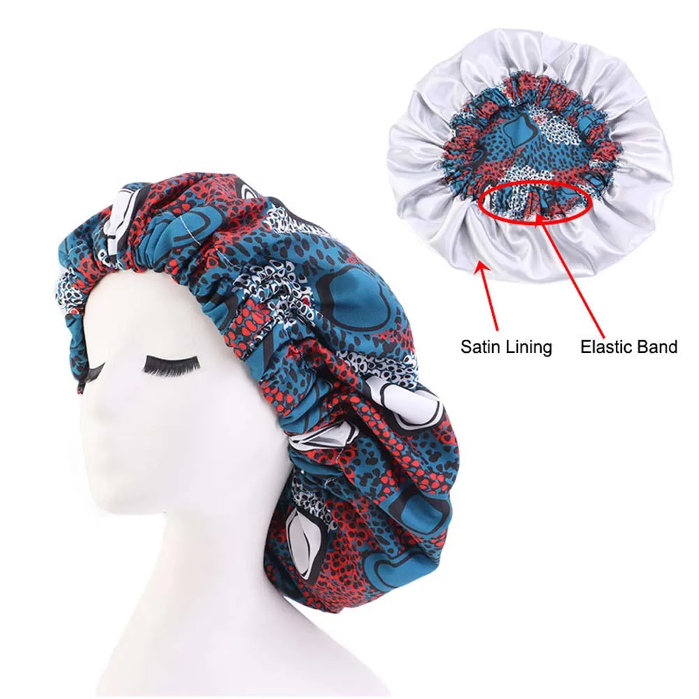 blue Новые очень большие атласные выстроились Bonnets для женщин Африканский узор печати ткань Bonnets ночной сон шляпа женский тюрбан шапка для сна - Цвет: blue