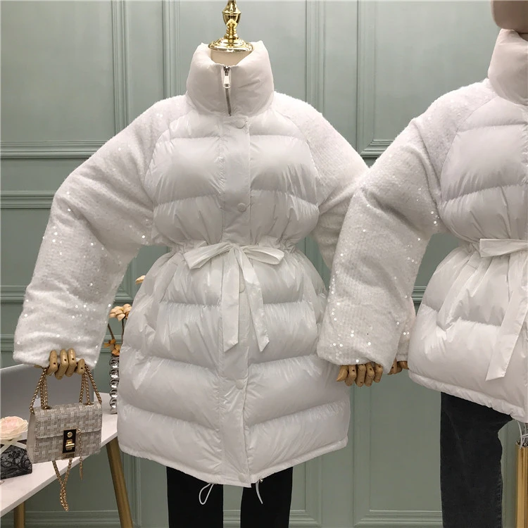 Long White Одежда с хлопковой подкладкой и блестками, Женское зимнее пальто, новинка, Корейская приталенная теплая парка, пальто, зимняя куртка, Женское пальто с поясом, MY290 - Цвет: Long White