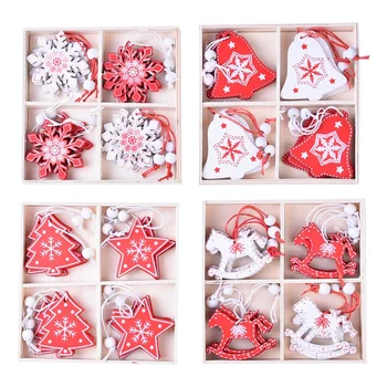 

12 Pcs/4 Set White Red Christmas Tree Ornament Wooden Hanging Pendants Snow Bell Elk Star Christmas Decorations for Home