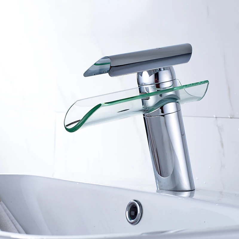 Bathroom Basin Faucet Waterfall Spout Glass Nickel Brushed Cold and Hot Mixer Water Sink Tap