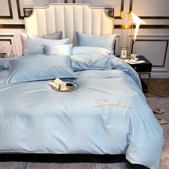 

4pcs Ocean Blue Beddings Set Duvet Cover Flat Sheet Fitted Sheet Pillowcases Without Filler 100% 60S Cotton Luxury Embroidery