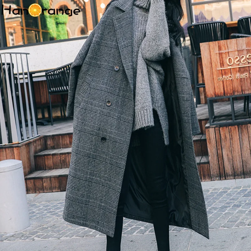 

Epaulet Drop Shoulder Plaid Woolen Coat 2019 Winter Loose Thickening Over Knee Length Double Breasted Woolen Overcoat Female