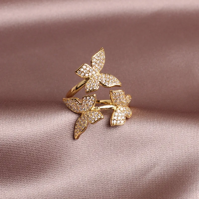 New design fashion jewelry opening high-grade copper inlaid zircon butterfly ring luxury shiny cocktail party ring for women