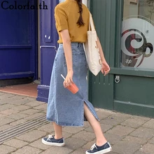 Colorfaith, новинка, женская джинсовая юбка, Осень-зима, разрезные пуговицы, высокая талия, посылка, бедра, элегантная, для девушек, юбка миди, SK6920
