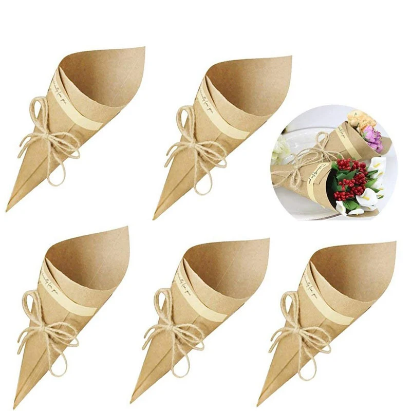 

100Pcs/Set Retro Folding Kraft Paper Confetti Cone Bouquet With Ropes Wedding Diy Decoration Gifts Packing Party Supplies