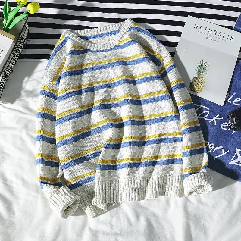 Fall and Winter 2019 New Men's Sweater Loose Knitted Sweater Stripe Sweater Couple Dress